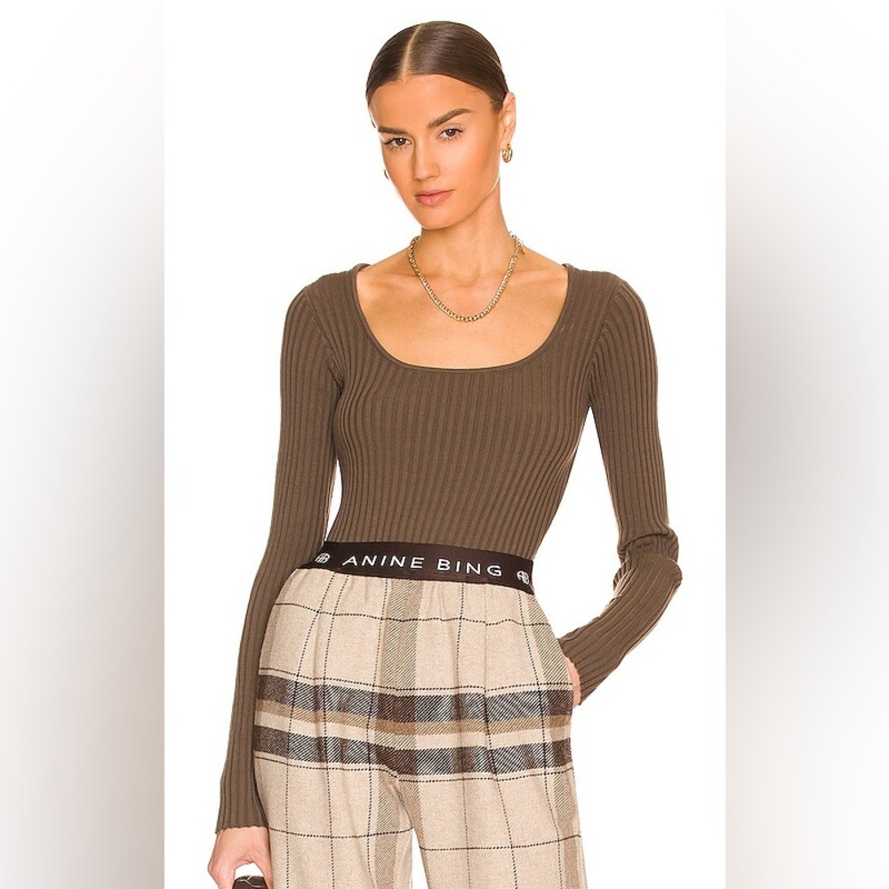 Anine Bing Felicity Ribbed Bodysuit in Olive